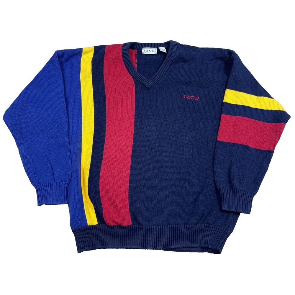 Vintage Izod Sweater Men Large Blue Red Colorblock V Neck‎ Golf Grandpa Heavy